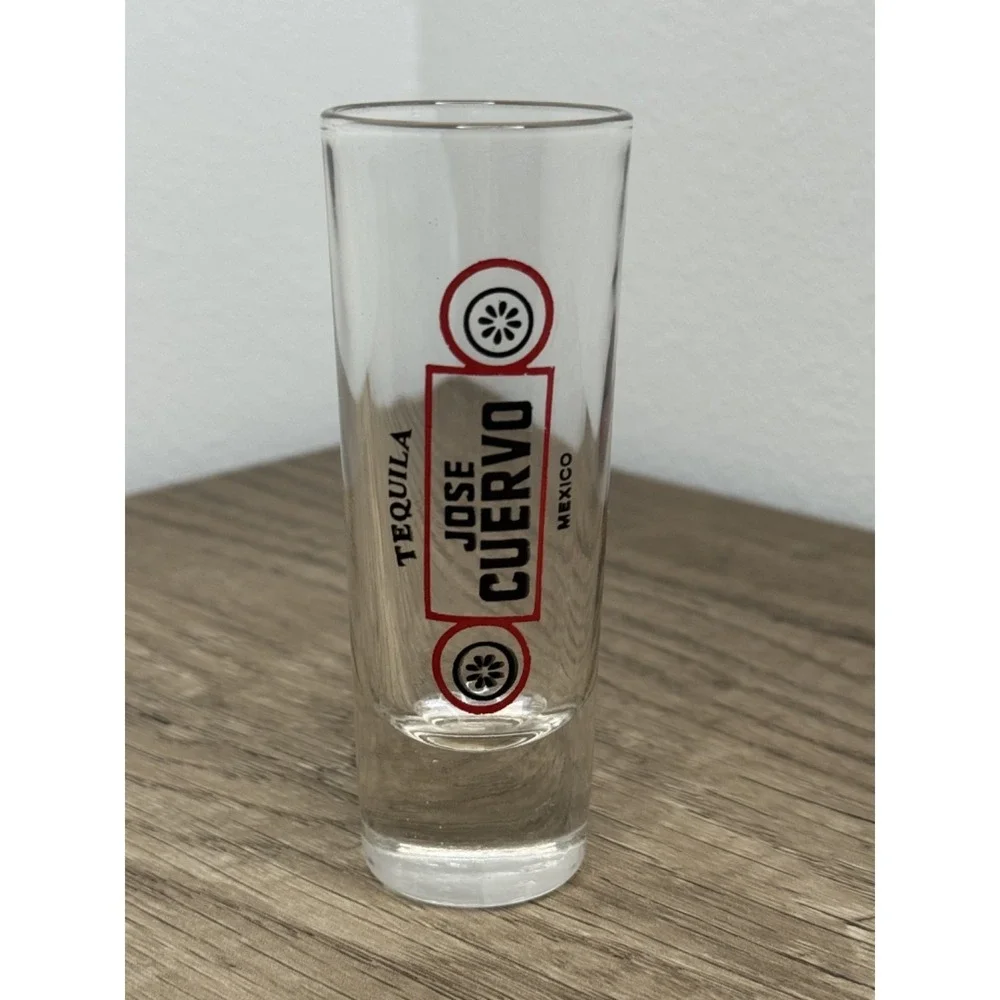 Jose Cuervo Tequila Tall‎ Shot Glass Shooter Clear Red Black Logo Mexico Barware